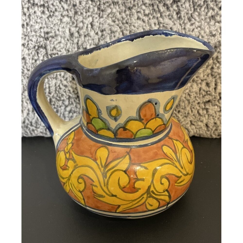 Mexico Talavera Colorful Floral Pitcher Folk‎ Art Pottery Signed 6.5 Inch